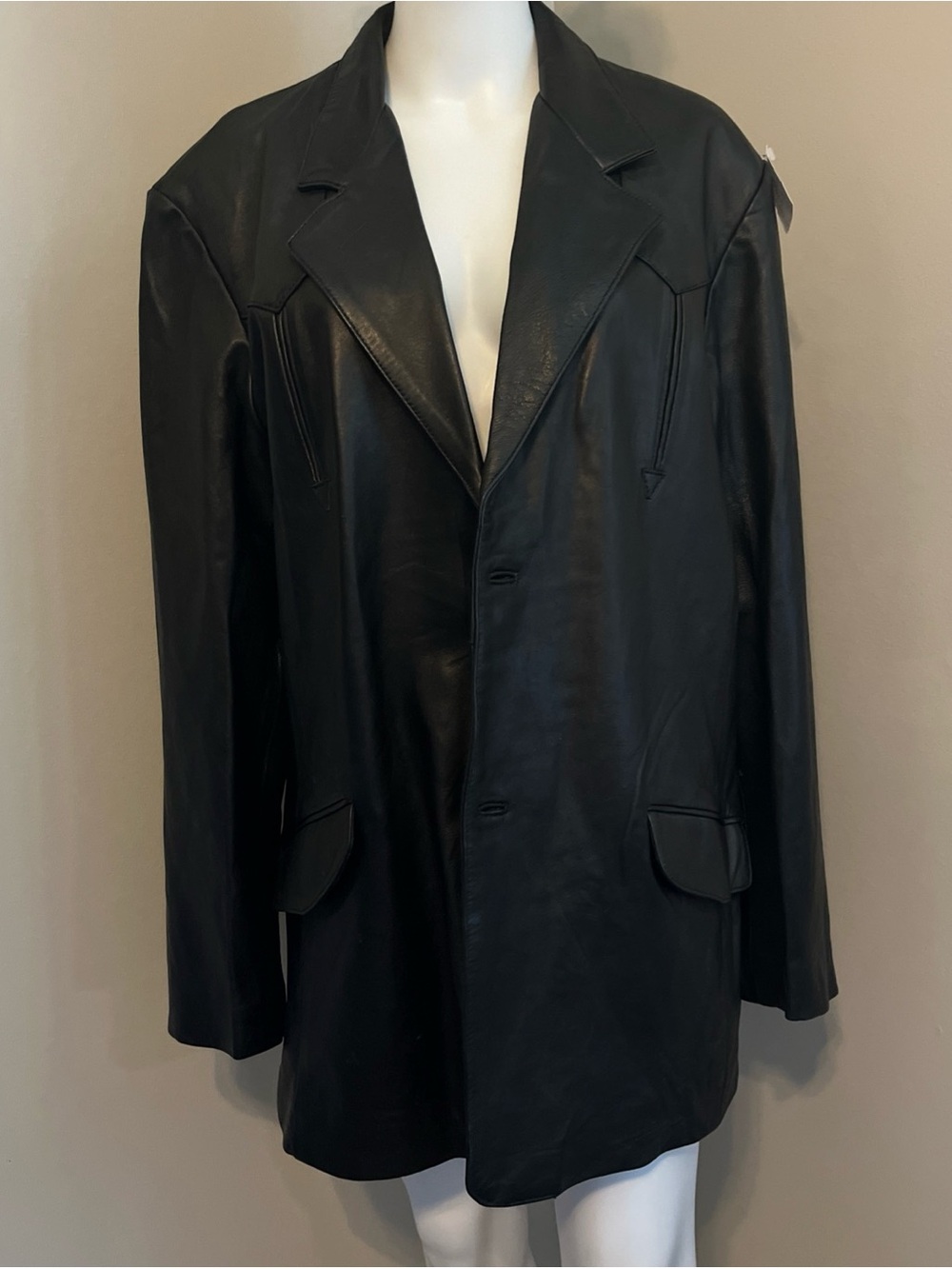 Black Leather Men's Blazer Jacket - Classic Tailored Style XL